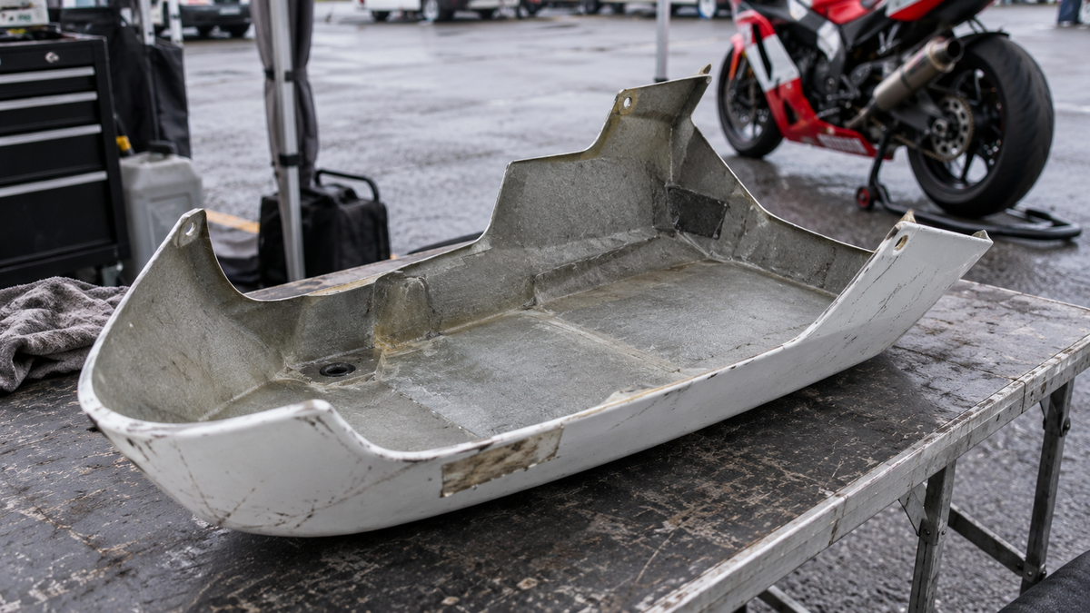 AI editorial concept of a removed race-style lower fairing shown open-side-up on a scuffed paddock table; not evidence of MotoAmerica compliance