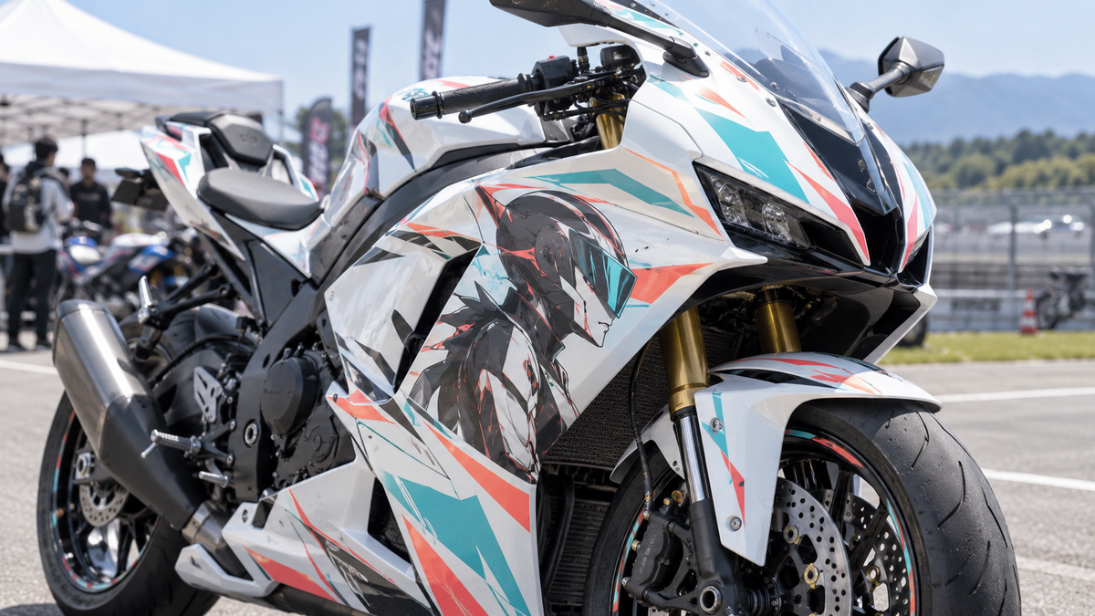AI editorial concept of fictional mecha-style artwork across the side fairing of an unbranded white sportbike; not a Honda product or customer build