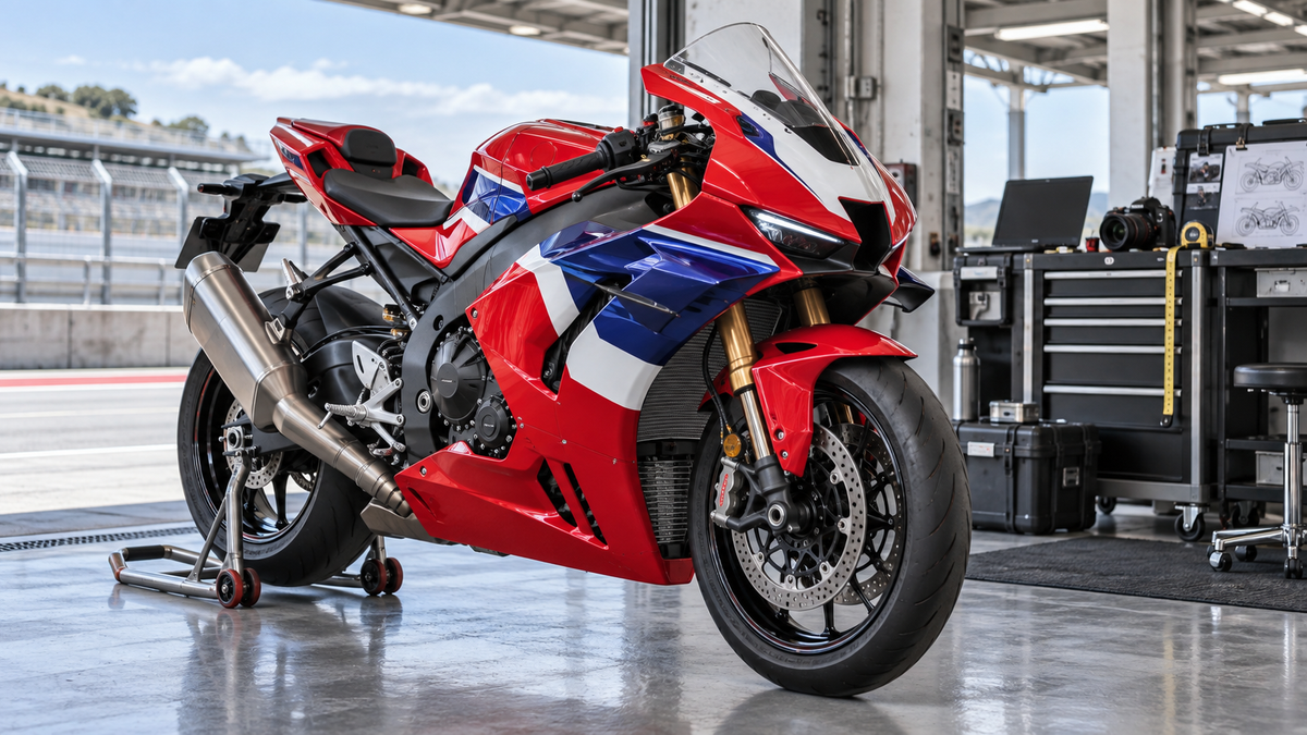 Complete red white and blue Honda CBR1000RR-R 2024–2026 style sportbike in a bright pit garage