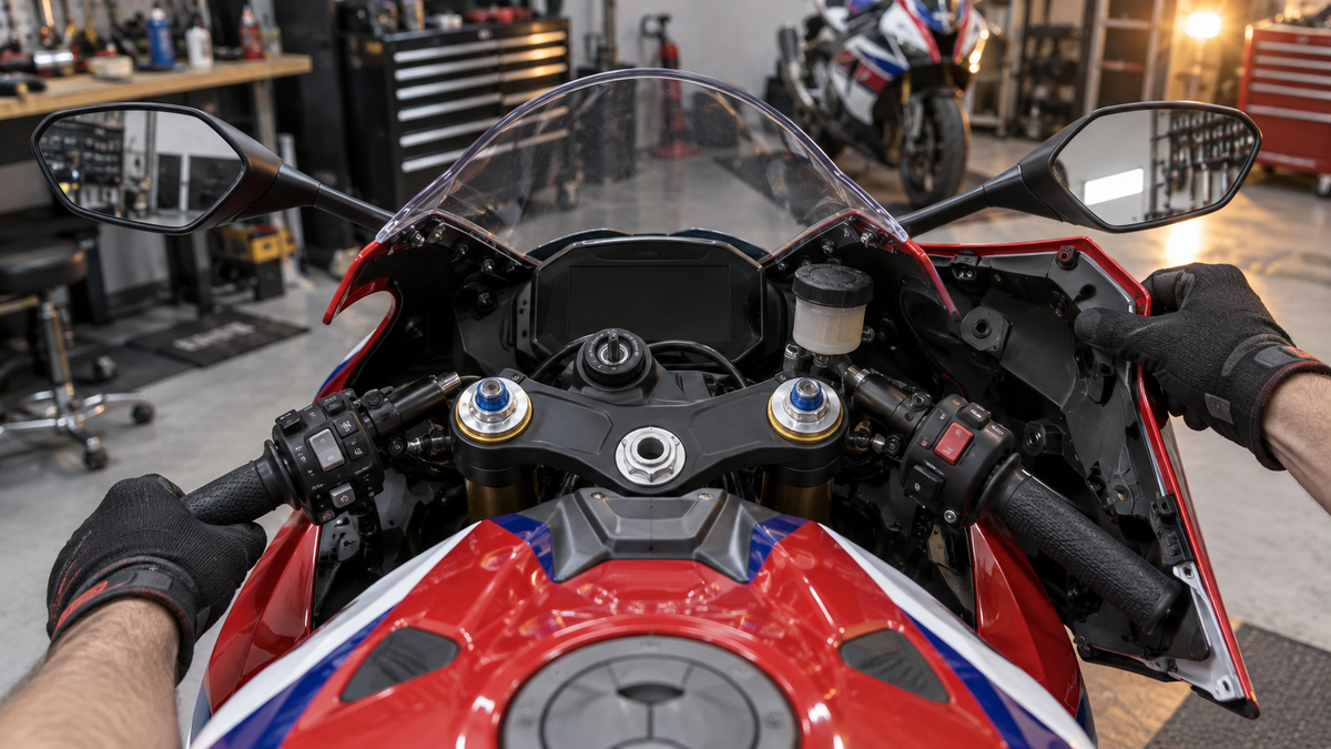 Rider-eye view of a sportbike cockpit while checking windscreen and upper-cowl contact points
