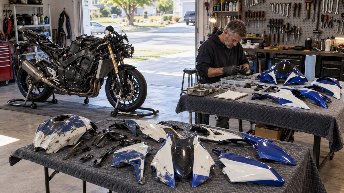 Older sportbike restoration with removed blue and white fairing panels organized in a real home garage