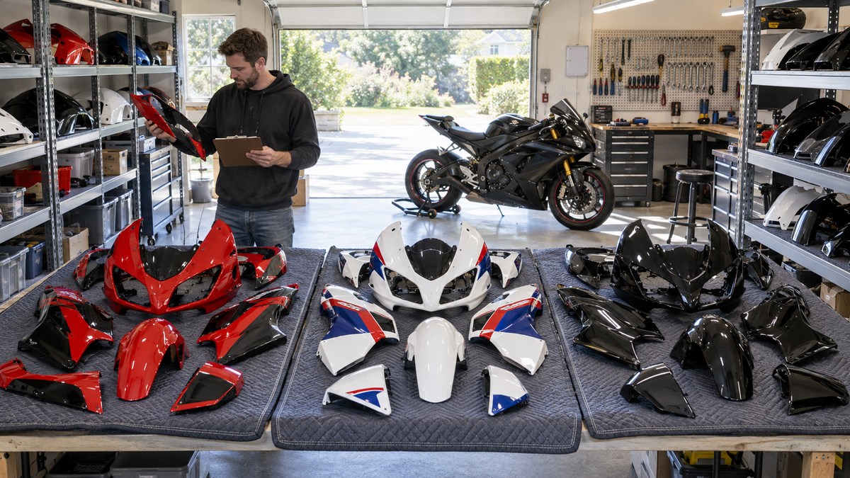 Three organized sets of mixed sportbike fairing parts in a bright working garage
