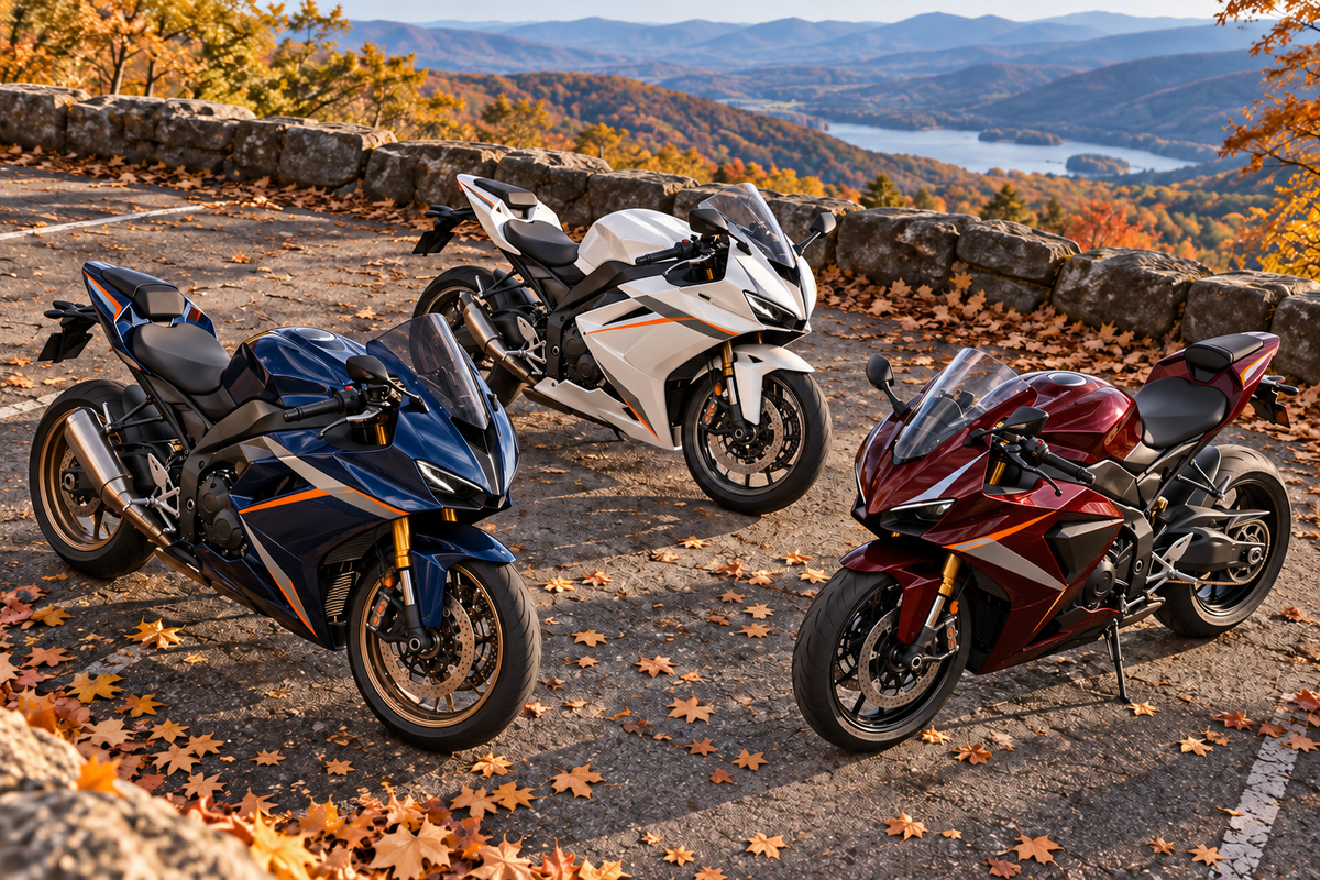 Editorial concept of three different sportbikes with coordinated orange and silver accents at an autumn club meet overlook