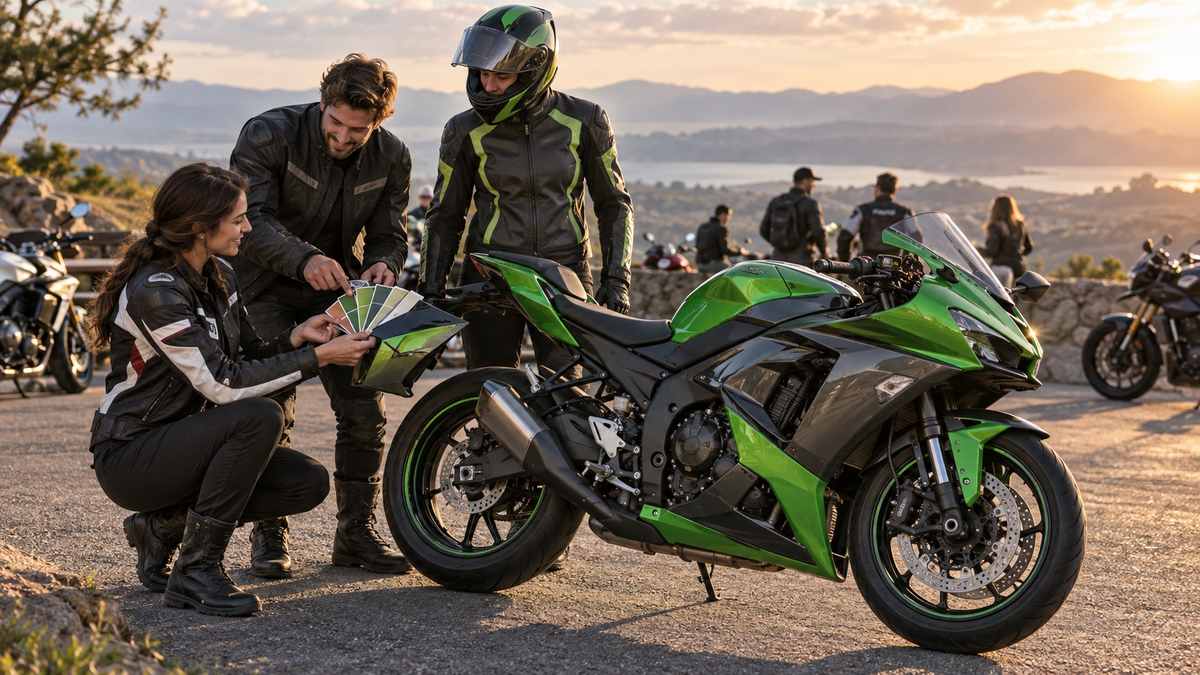 Complete green and charcoal lightweight sport motorcycle with riders comparing color samples at an outdoor bike meet