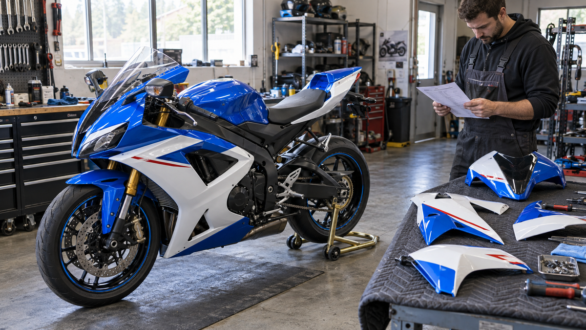 Blue-and-white sport motorcycle in a workshop beside removed fairing panels and a parts checklist