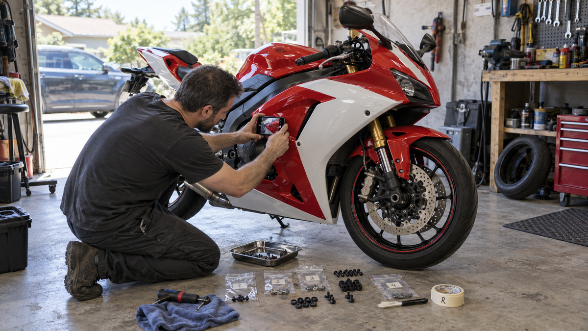 Technician photographing a red-and-white sportbike fairing while labeled hardware is organized beside the motorcycle
