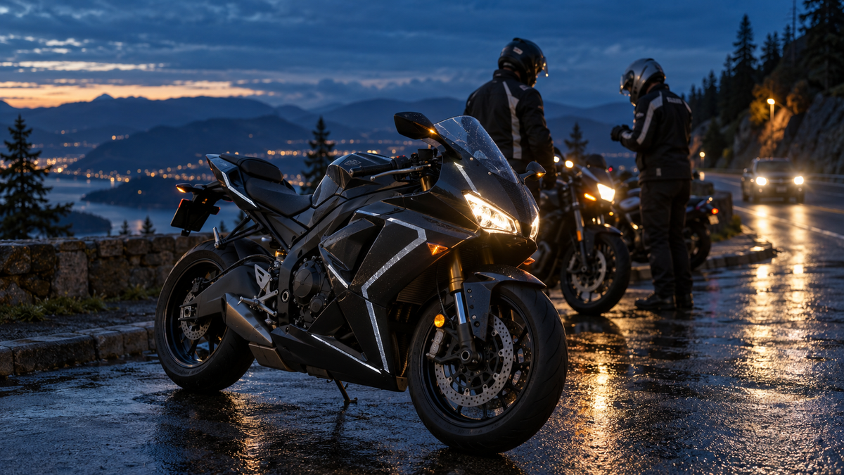 Sportbike with subtle reflective fairing accents at a blue-hour group ride stop