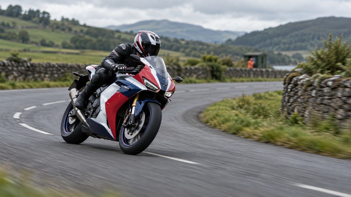 AI editorial concept of a rider cornering an unbranded sportbike on a closed rural road course