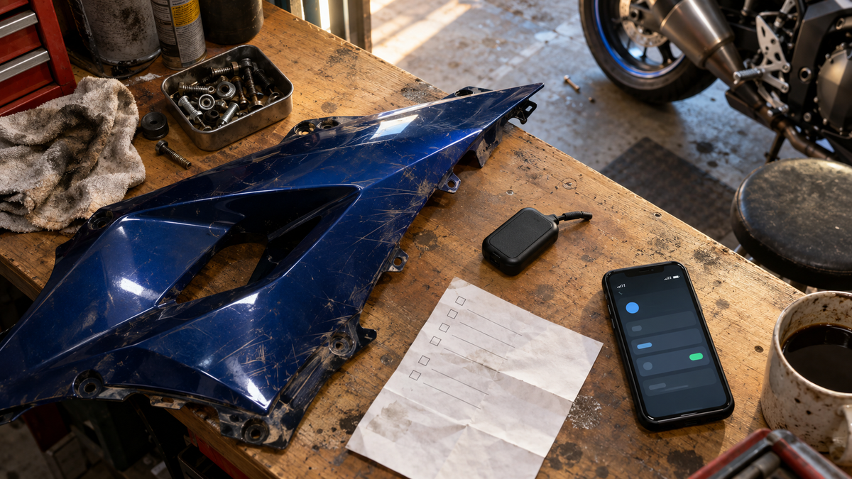 AI editorial concept of a scratched blue side fairing, generic tracker and phone on a cluttered garage workbench; not a tested installation