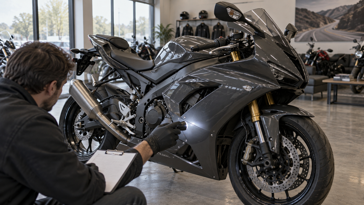 Buyer inspecting the fairings on a complete gray sportbike in a bright showroom