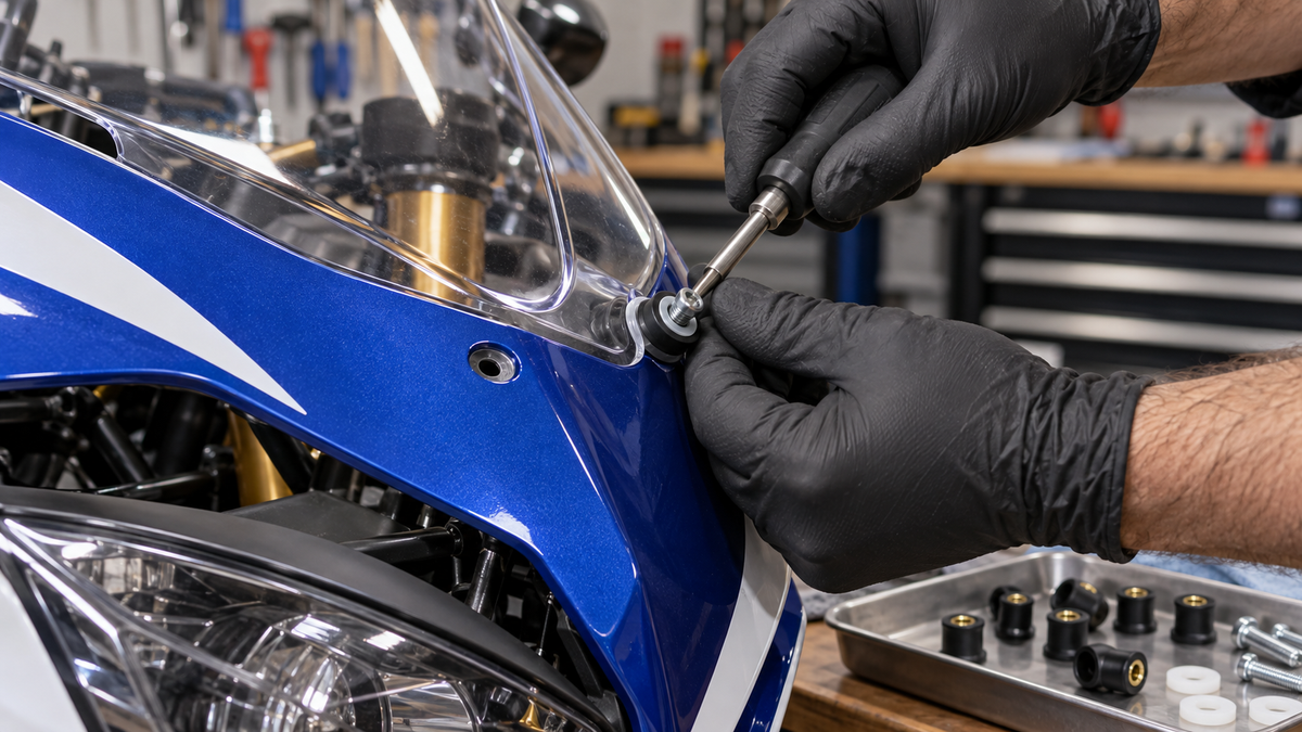 Editorial concept of gloved hands installing a rubber well-nut and shoulder bolt at a sportbike windscreen corner
