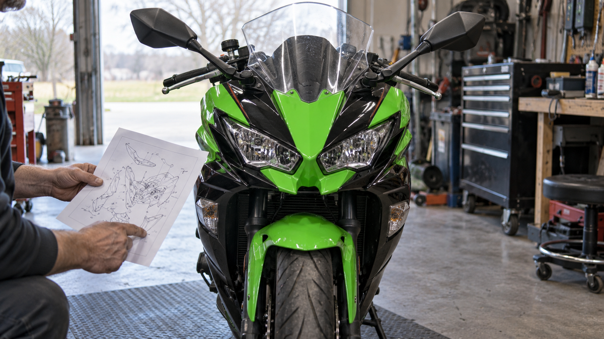 AI editorial workshop concept showing a generic green sportbike front cowl and headlamps; not an exact Ninja 650 product or fitment test