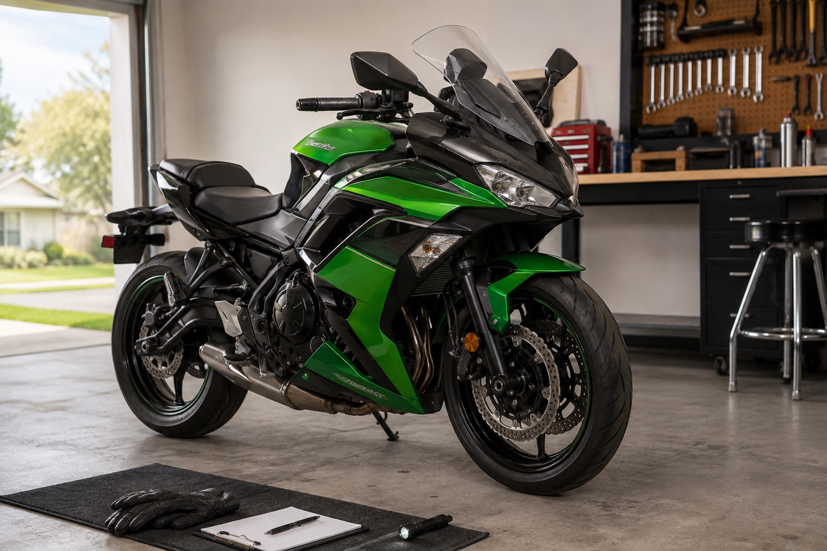 Illustrative green and black middleweight sport motorcycle for a fairing replacement guide