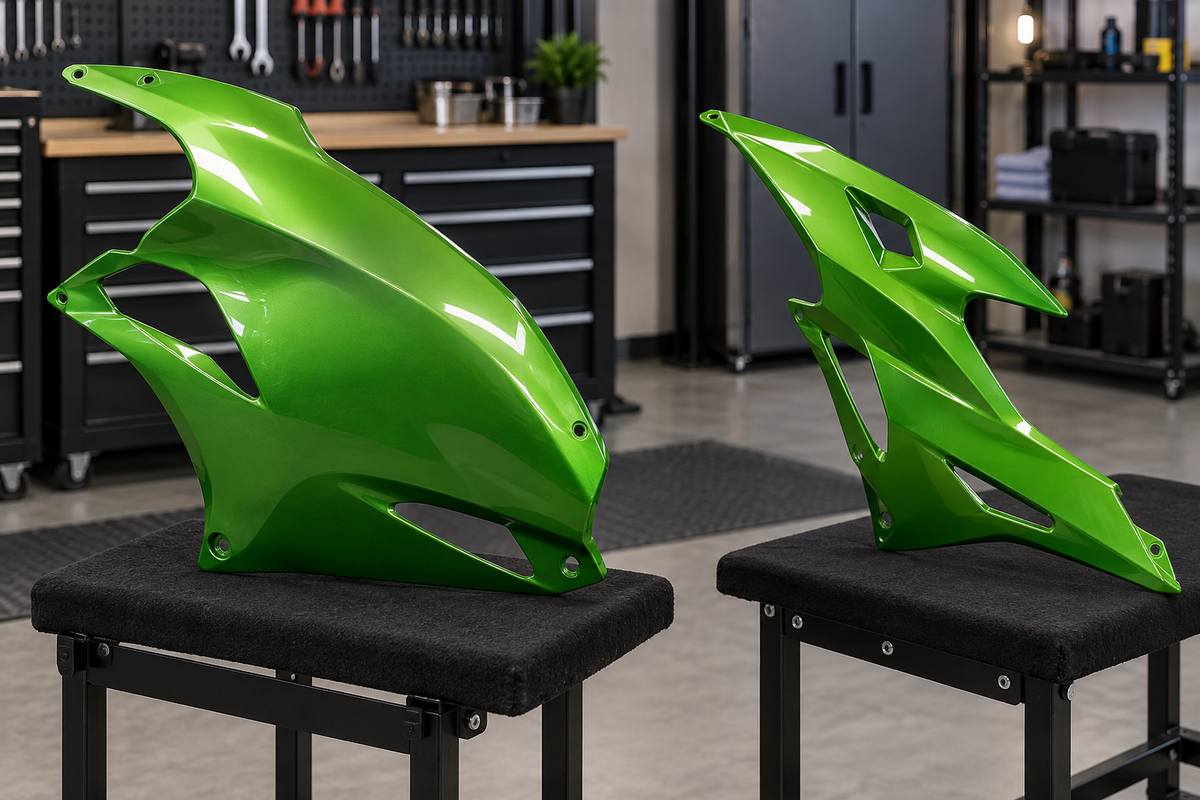 AI illustration: two different generic green fairing shells; not actual Ninja 650 or ZX-6R parts.