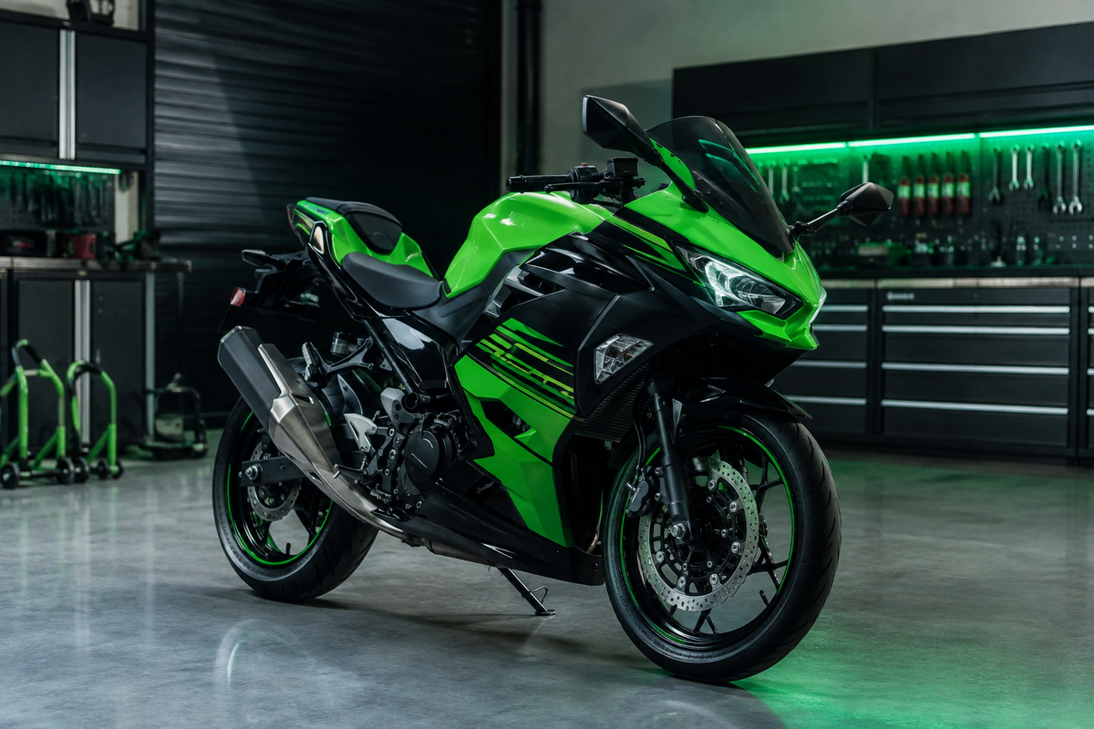 Green and black Ninja 400 style sportbike in a modern performance garage