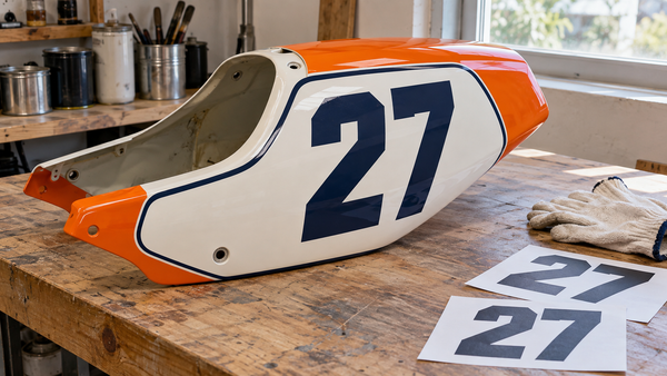 AI design illustration of navy number 27 on an orange and white tail fairing