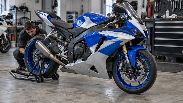Blue and silver fully faired sport motorcycle supported by a rear paddock stand in a working garage while a mechanic checks the rear contact area