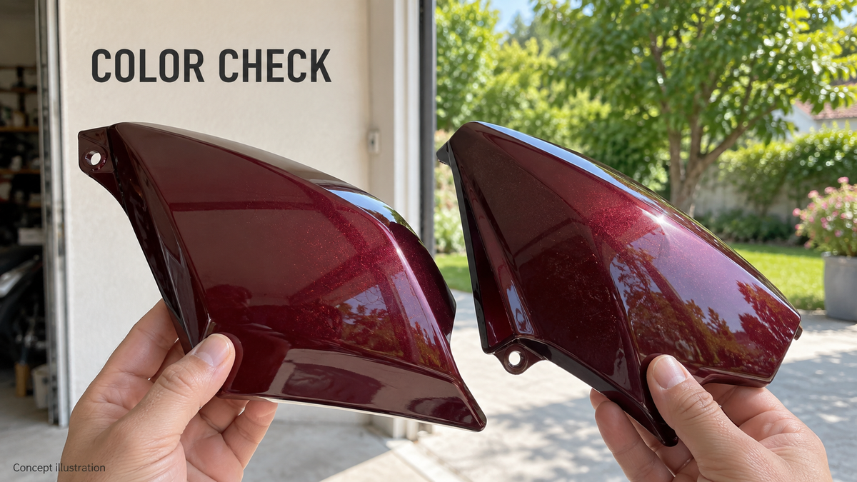 AI illustration of burgundy motorcycle panels compared in daylight
