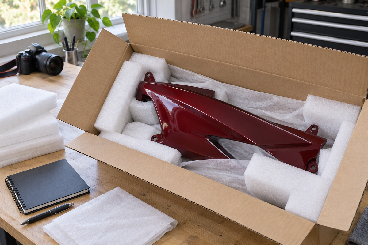 AI illustration: a generic burgundy fairing in an open cushioned box during packing preparation; not a certified packing design.
