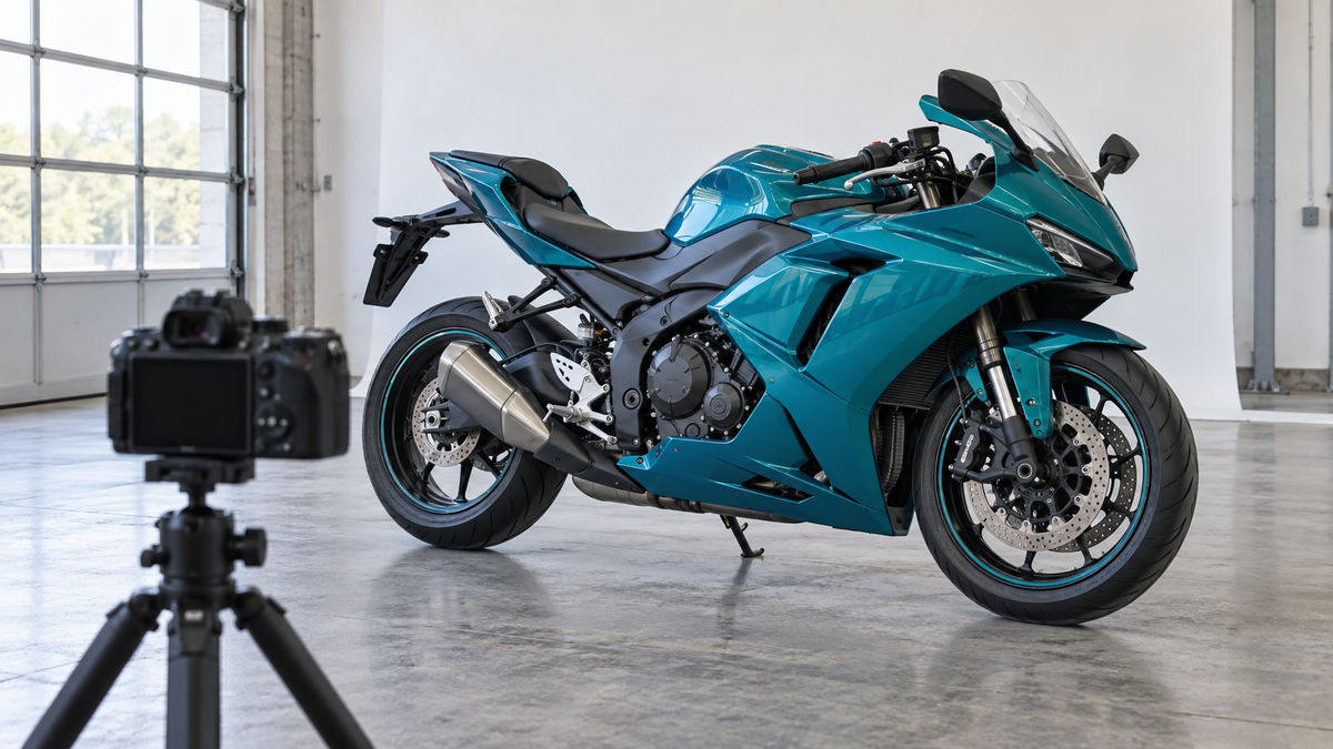 AI editorial illustration of a camera facing a teal sport motorcycle, not an actual product photograph.