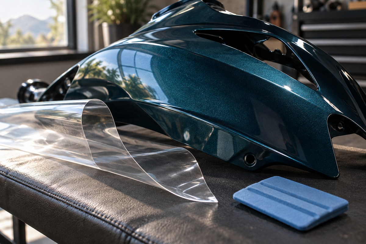 AI-generated editorial illustration for What to Check Before Applying Paint Protection Film to Freshly Painted Fairings. Not an actual product or fitment photograph.