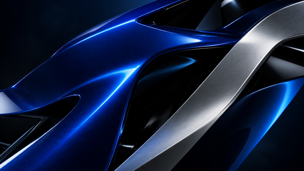 AI-generated abstract blue, silver and black bodywork color concept, not an actual R1 product
