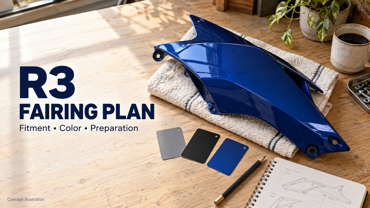 AI concept illustration of a blue fairing panel and paint samples on a sunlit table, with R3 Fairing Plan title; not an exact Yamaha part or product photograph.