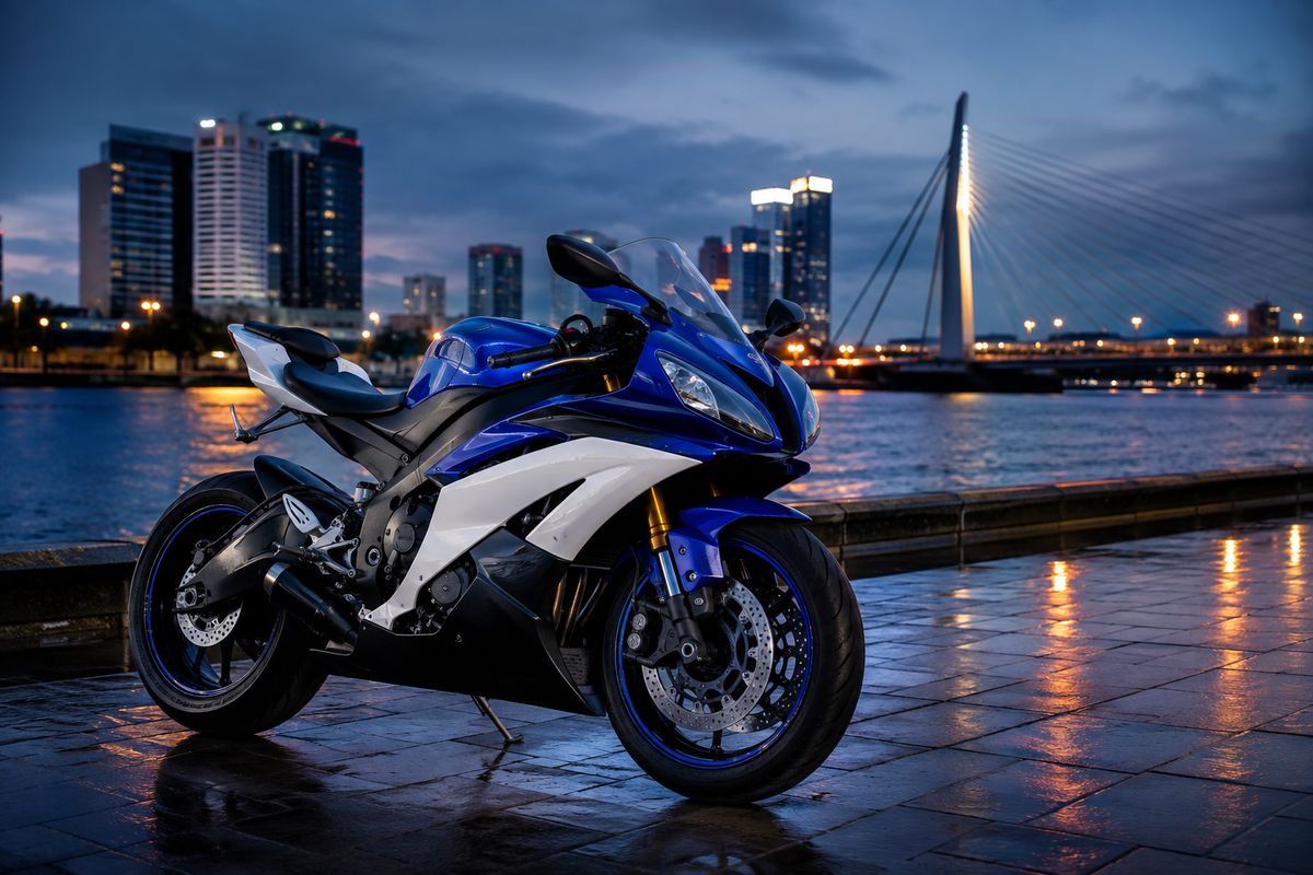 Illustrative blue and white supersport motorcycle for an R6 custom fairing style guide
