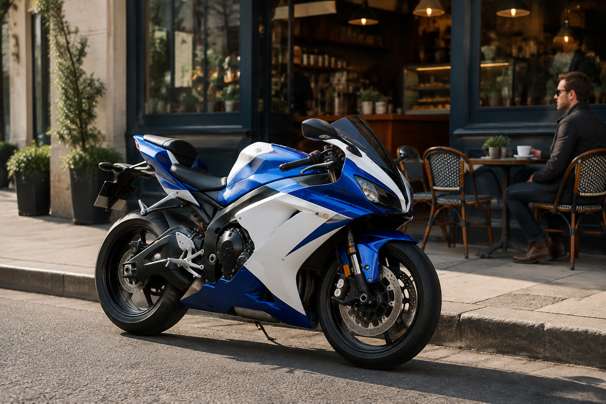 Blue and white supersport motorcycle in a Western street setting