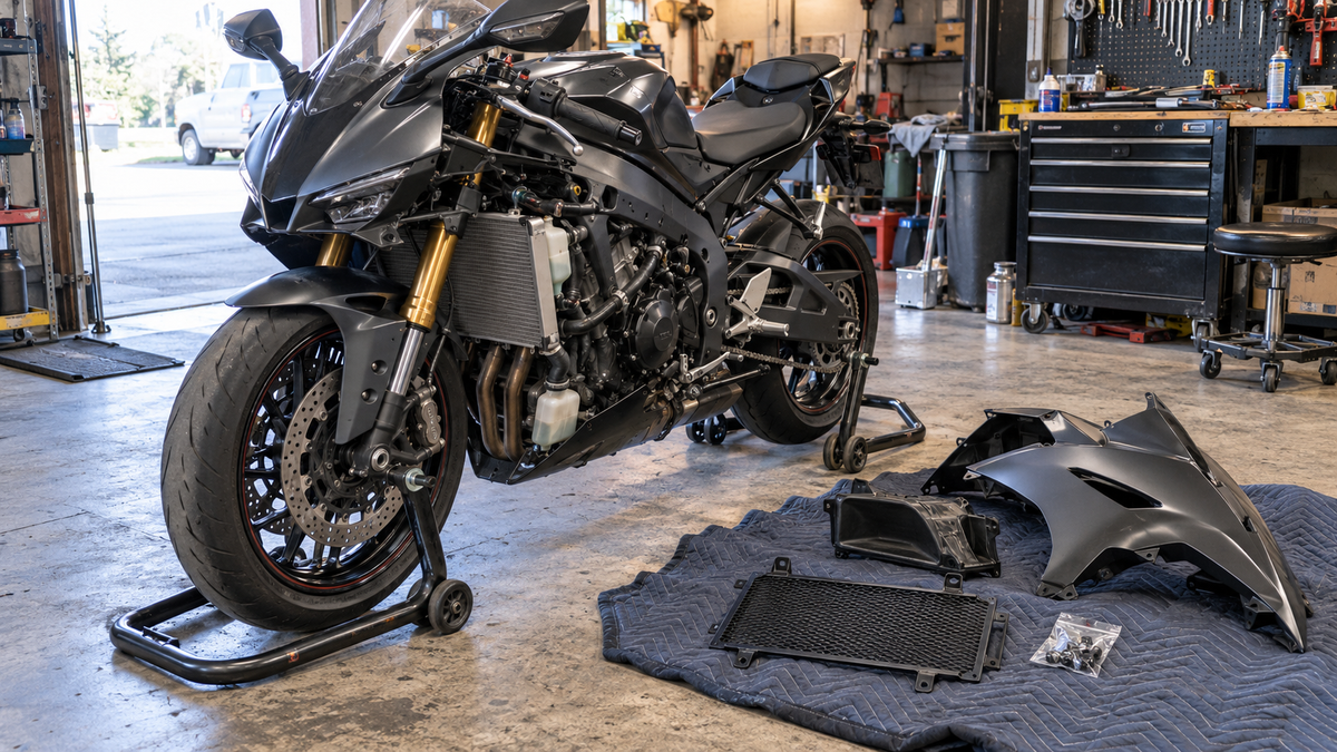 AI editorial concept of a fully faired sportbike with one side panel removed while a radiator guard and inner duct rest on a padded workshop blanket