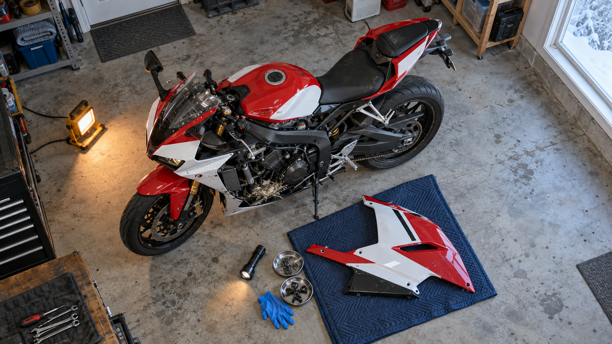 Overhead view of a red and white fully faired sport motorcycle in a winter garage with one side panel removed for inspection of possible nesting material