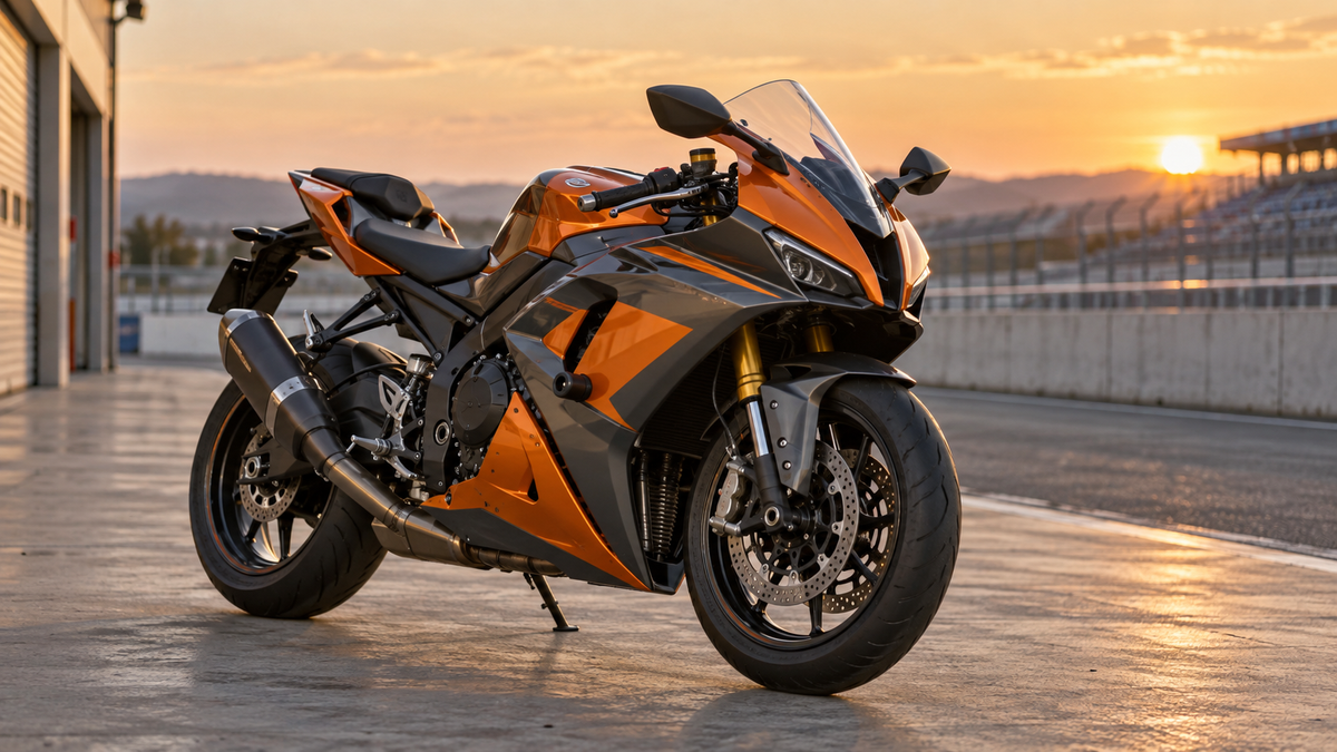 AI editorial illustration of an orange sport motorcycle at a paddock; not an actual GSX-R product photograph.
