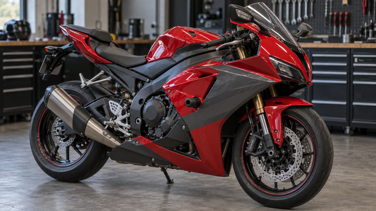 AI editorial illustration of a red sportbike with a visible black frame slider through the side fairing
