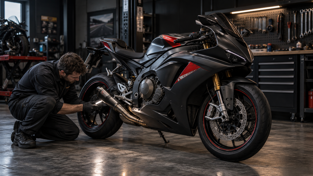 Mechanic checking belly-pan clearance around the exhaust of a complete sportbike in a premium workshop