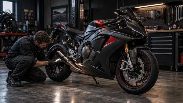 Mechanic checking belly-pan clearance around the exhaust of a complete sportbike in a premium workshop