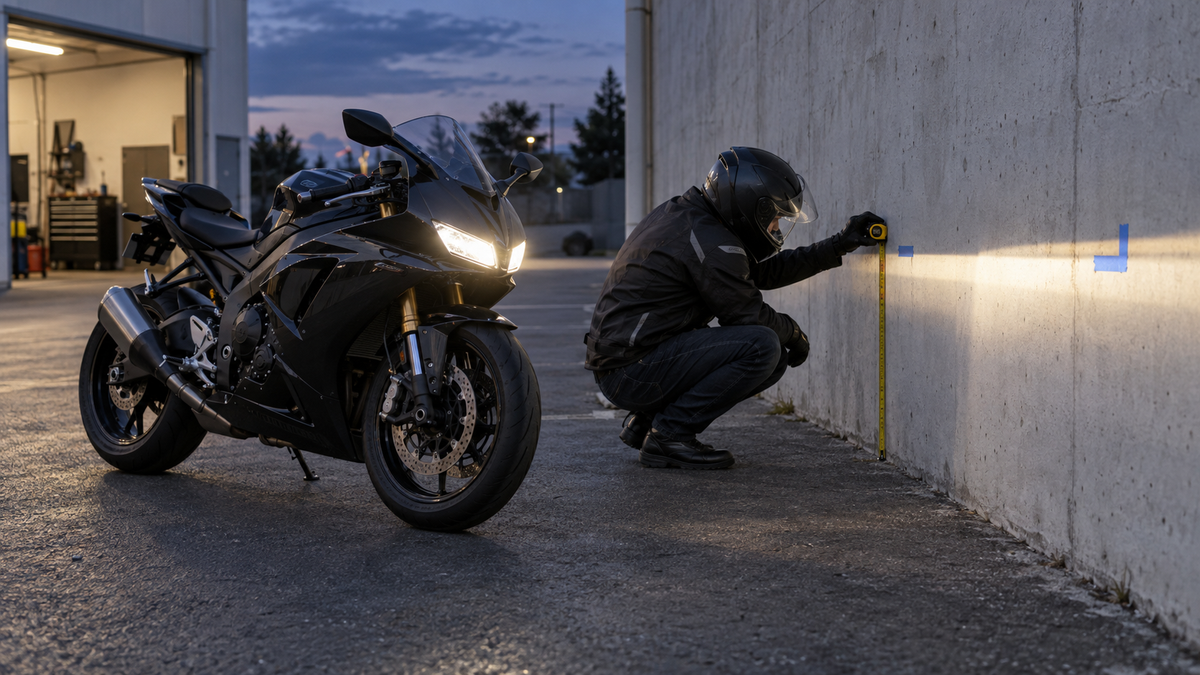 Helmeted rider checking a complete sportbike headlight beam against an outdoor wall at dusk