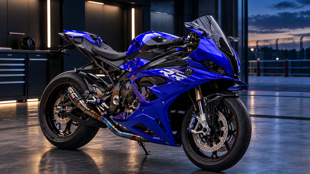 AI editorial visualization of a complete blue custom-liveried sportbike in a premium pit garage, showing paint flow across the fairings