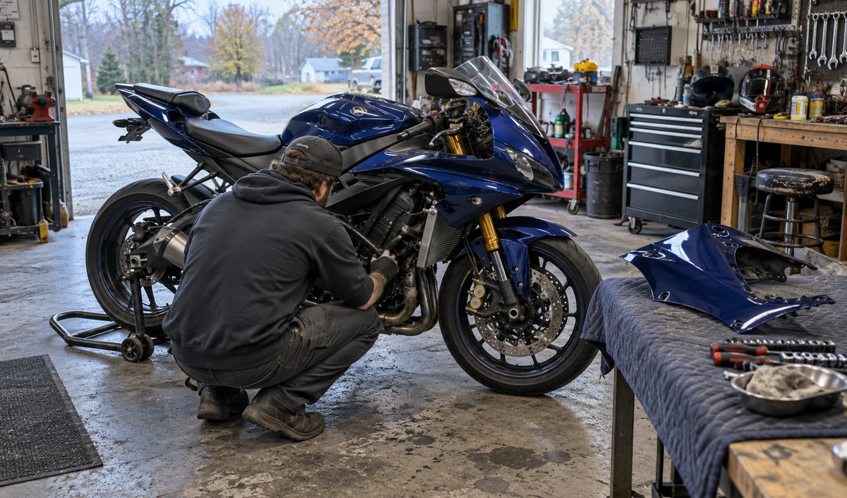 AI editorial illustration of a sportbike in a workshop with lower fairing removed for inspection; not a NiceFairings repair or product test