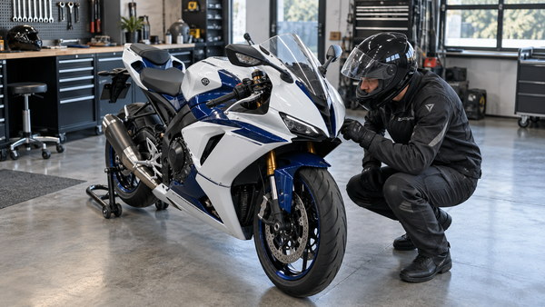 Helmeted mechanic checking handlebar and upper-fairing clearance on a complete sportbike