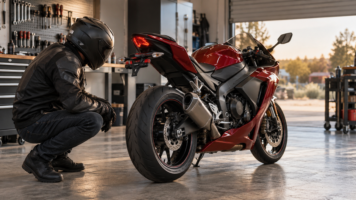 Helmeted rider inspecting the complete tail assembly of a red fully faired sportbike in a premium workshop