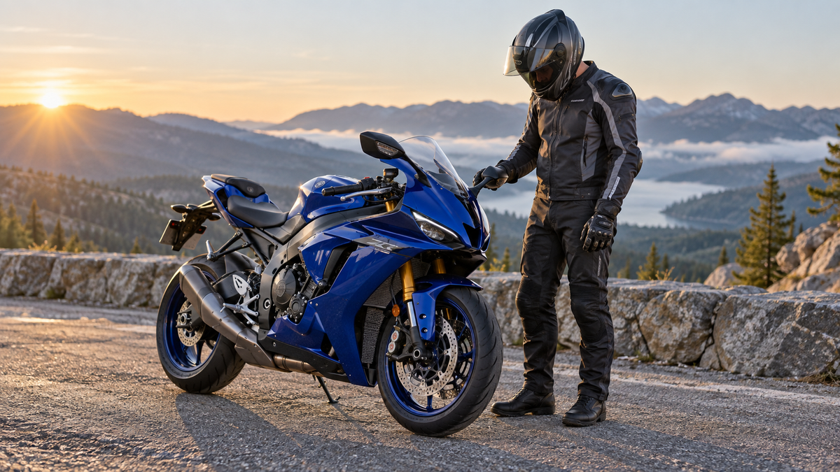 Helmeted rider checking the mirror and upper-cowl alignment of a complete blue sportbike at a mountain overlook