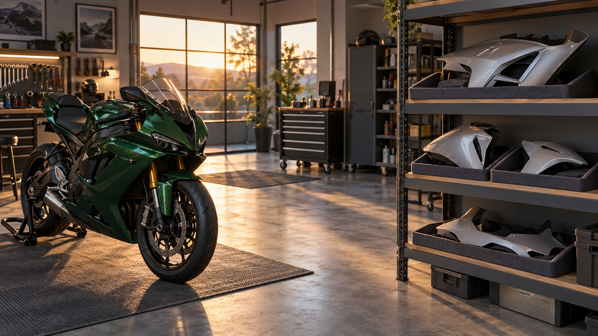 AI concept of a sport motorcycle beside separately stored bodywork in a warm workshop; not an exact model.