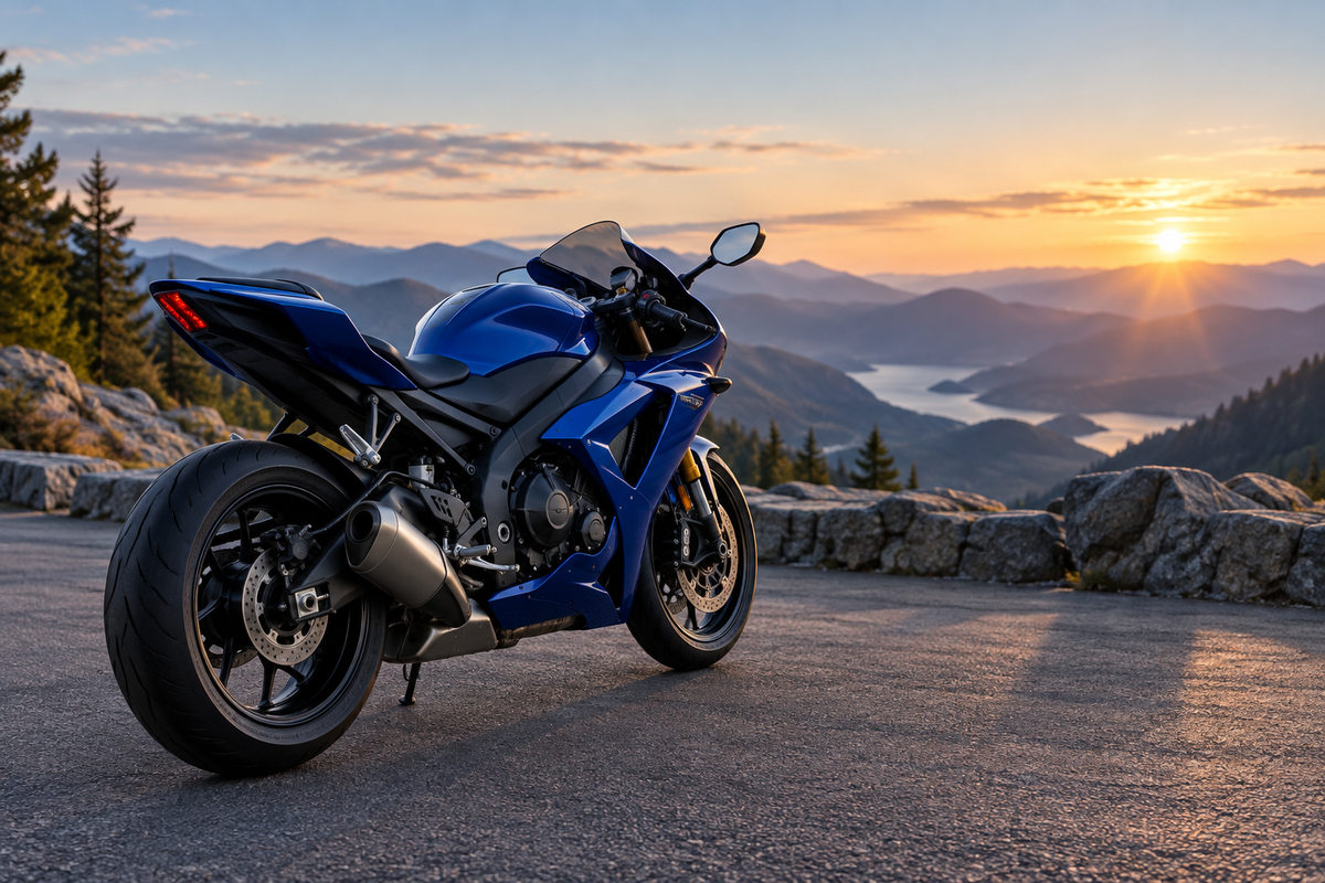 AI editorial concept of a blue sport motorcycle at a sunrise overlook