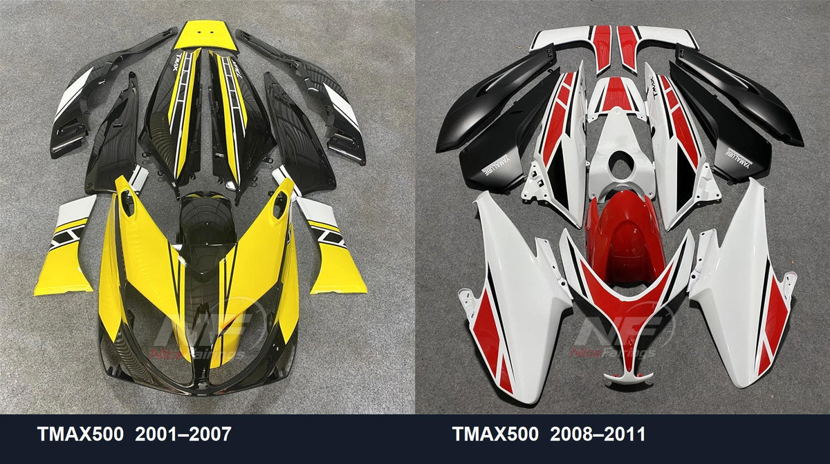 NiceFairings product photos comparing full TMAX500 fairing layouts for 2001–2007 and 2008–2011, shown side by side