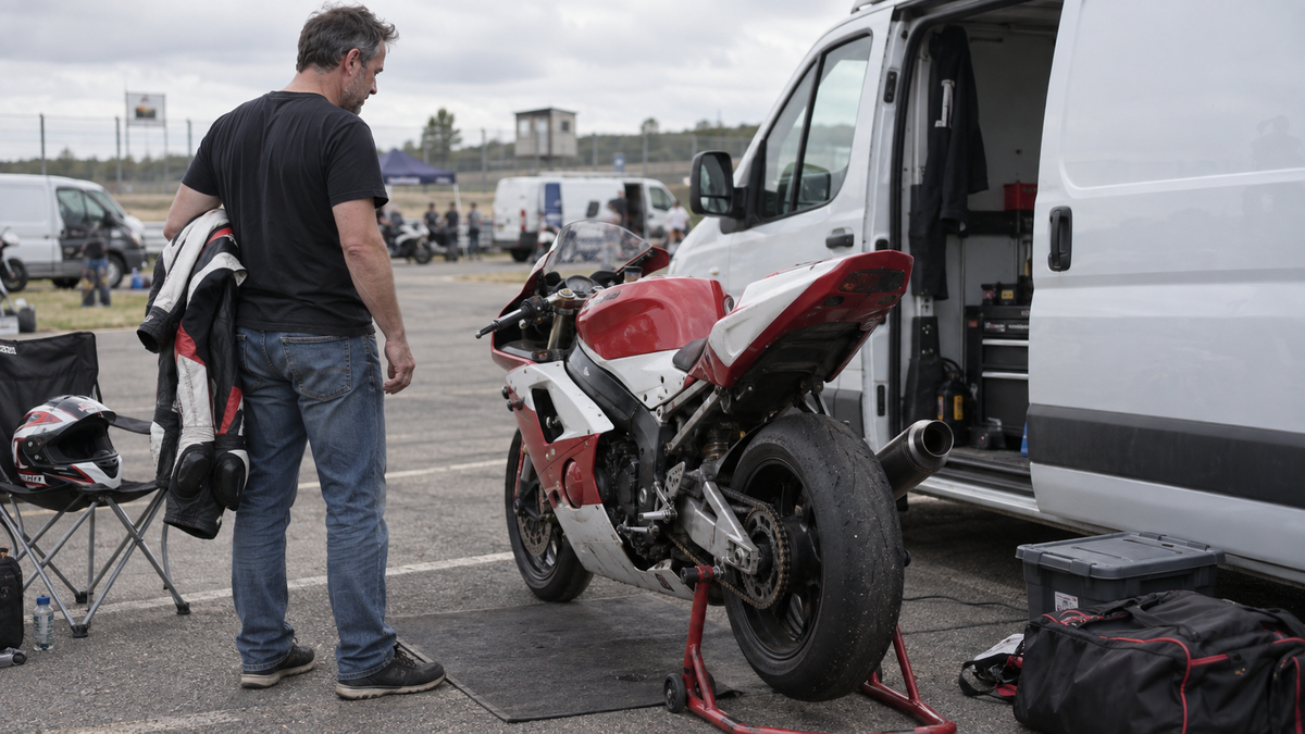 AI editorial illustration of a rider beside a red and white sportbike in an ordinary track-day paddock.