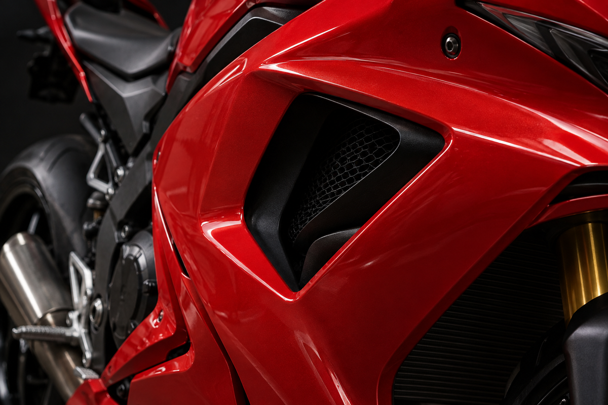 AI editorial illustration for Motorcycle Fairing Vent Mesh vs Inner Ducts: Know What You Are Replacing. Not a product or fitment photograph.