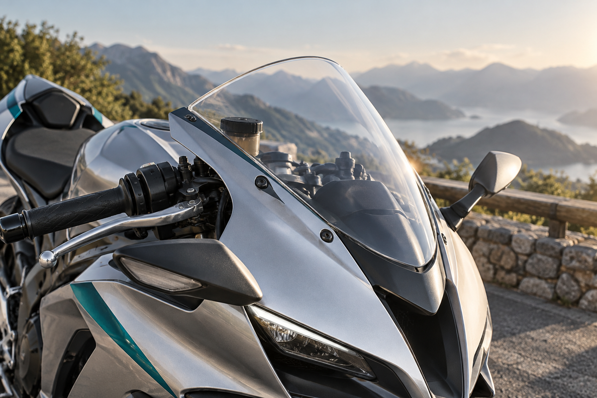 AI editorial concept of a clear windscreen on a silver sport motorcycle at a scenic overlook, not an actual product