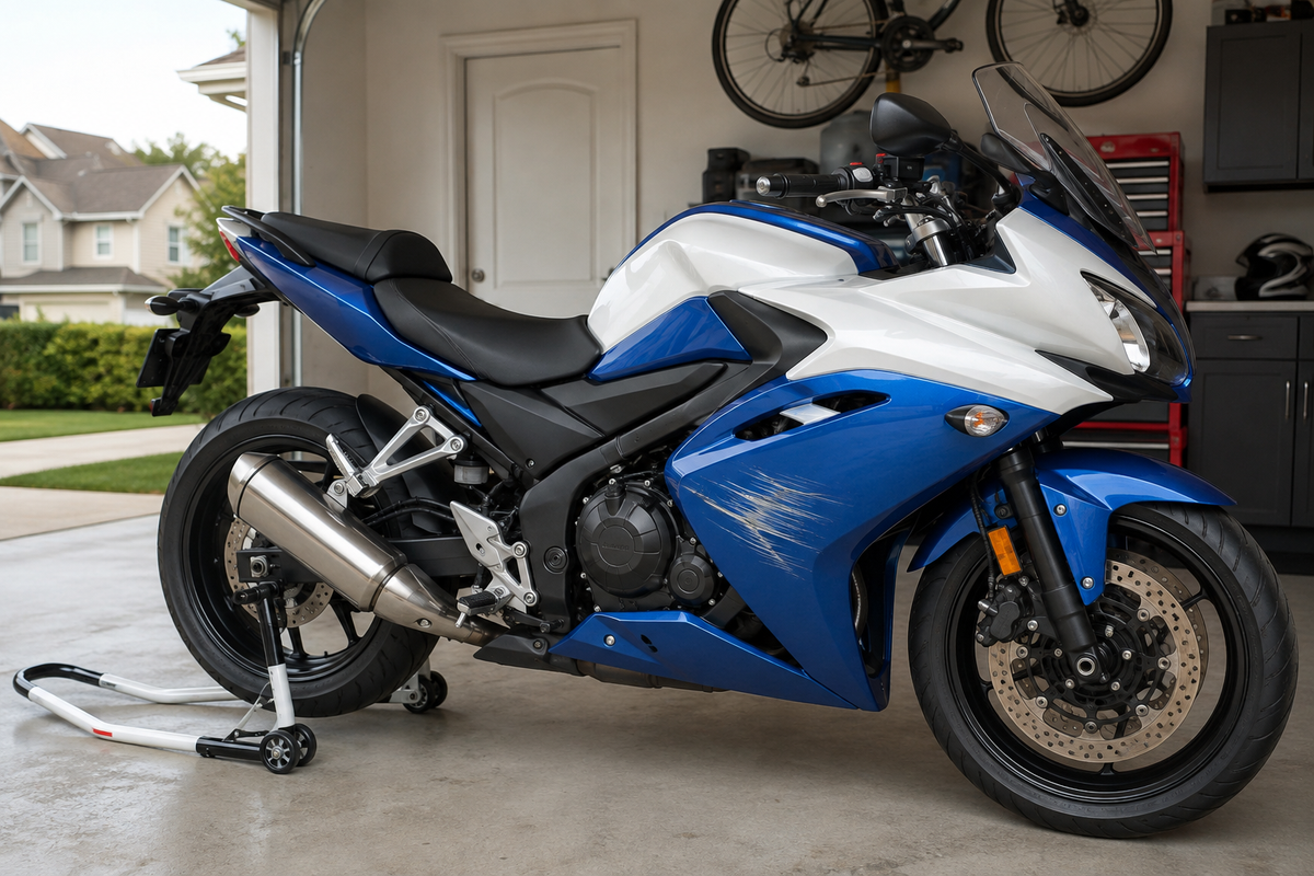 Blue and white middleweight fully faired sportbike with side-panel scratches in a home garage