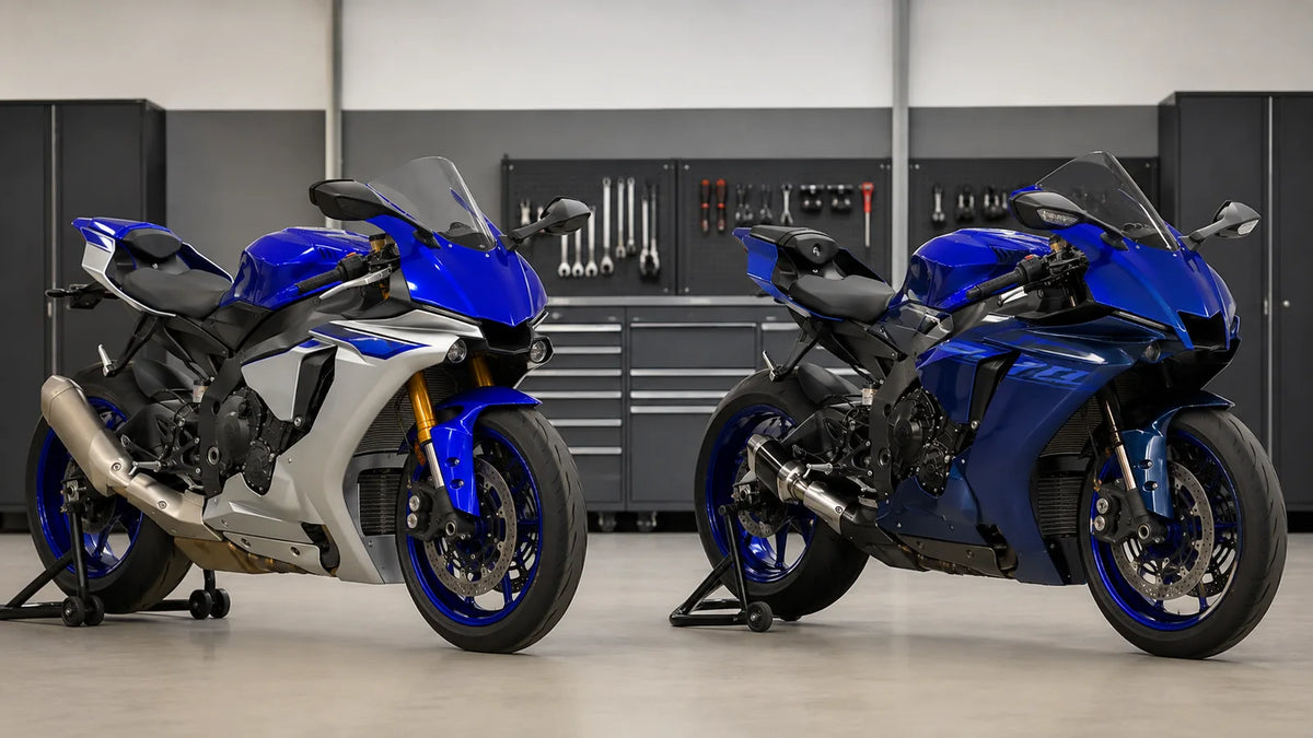 Two Yamaha R1 generations shown for a fairing fitment comparison