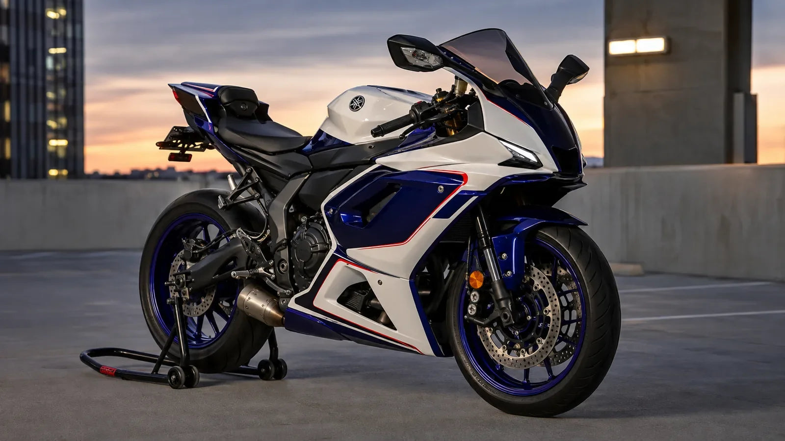 Custom blue and white Yamaha R7 style street motorcycle with complete fairings